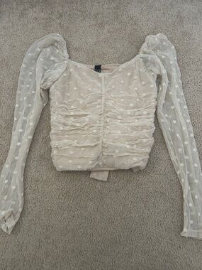 Windsor Cream Swiss Dot Ruched Long-Sleeve Crop Top